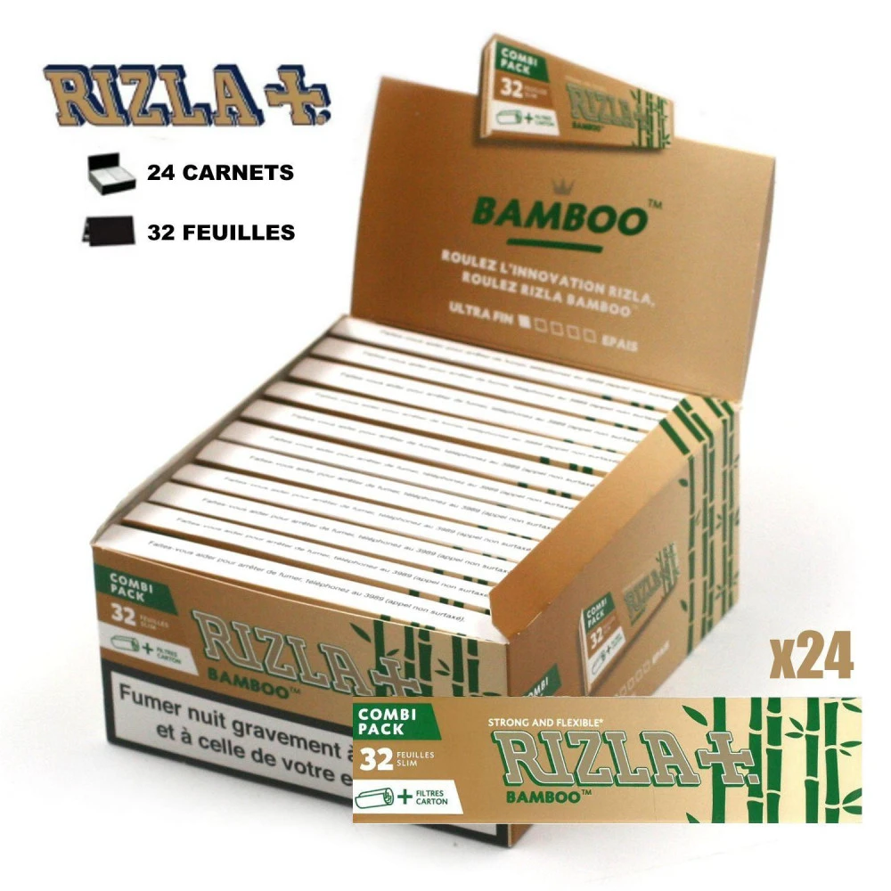 Boite De 24 Paquets De Feuilles Slim Rizla Bamboo + Filtres Cartons 3 Boite De 24 Paquets De Feuilles Slim Rizla Bamboo + Filtres Cartons